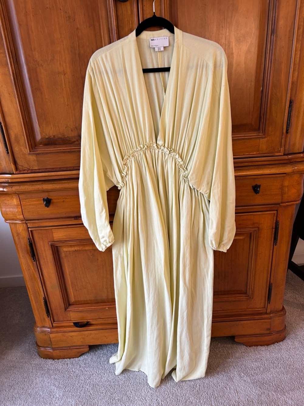 ASOS Pale Yellow V-Neck Gathered Waist Maxi Dress